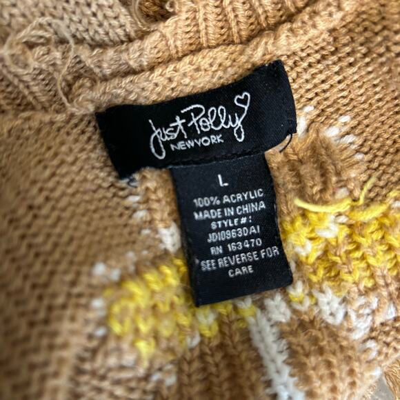 Just Polly New York Brown w/ Daisy Sweater SZ L Distressed V-neck Raw Edge - Picture 8 of 10